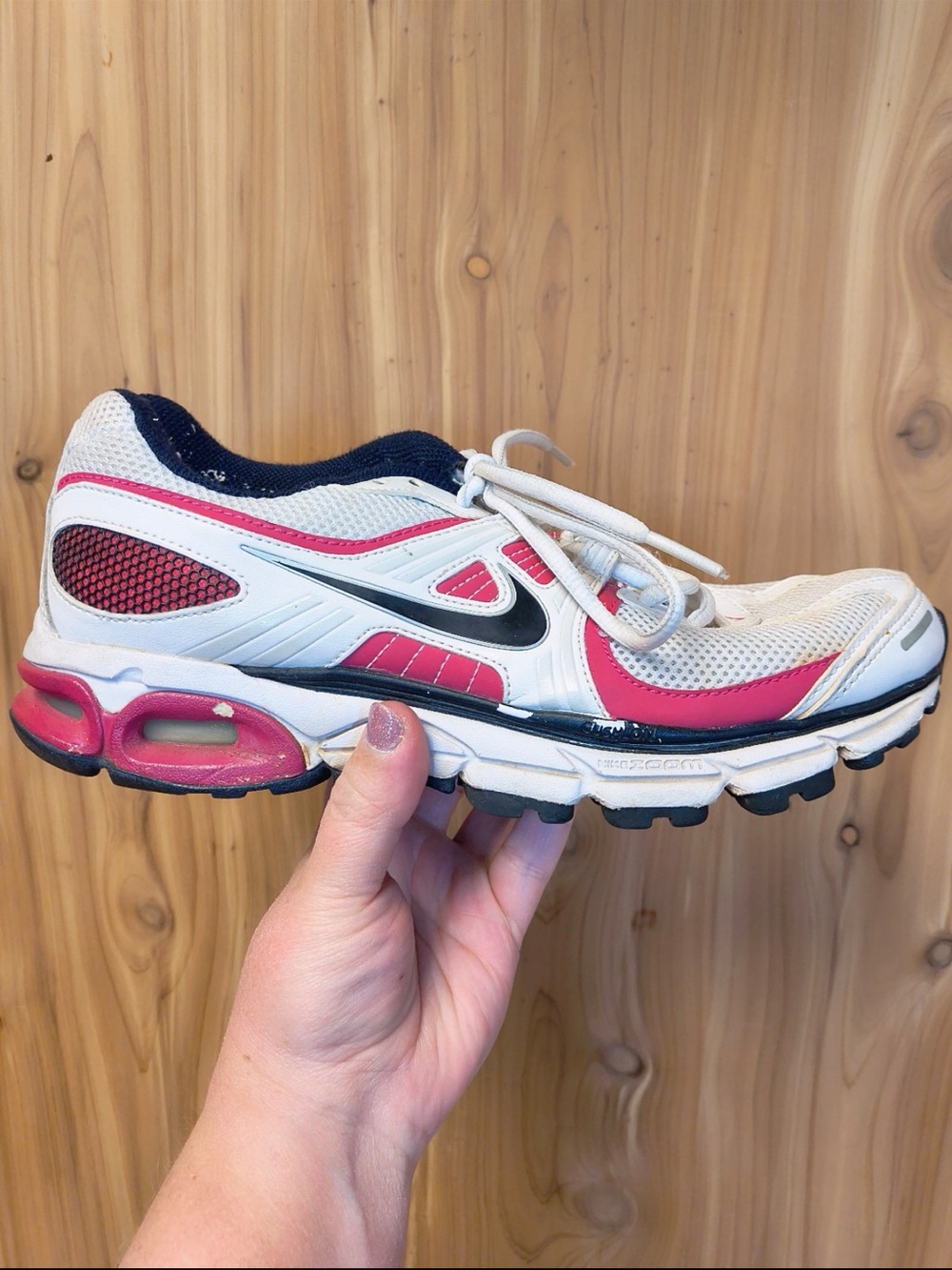 Nike Moto 8 White and Pink Running Shoe with Black Swoosh, Size 8.5